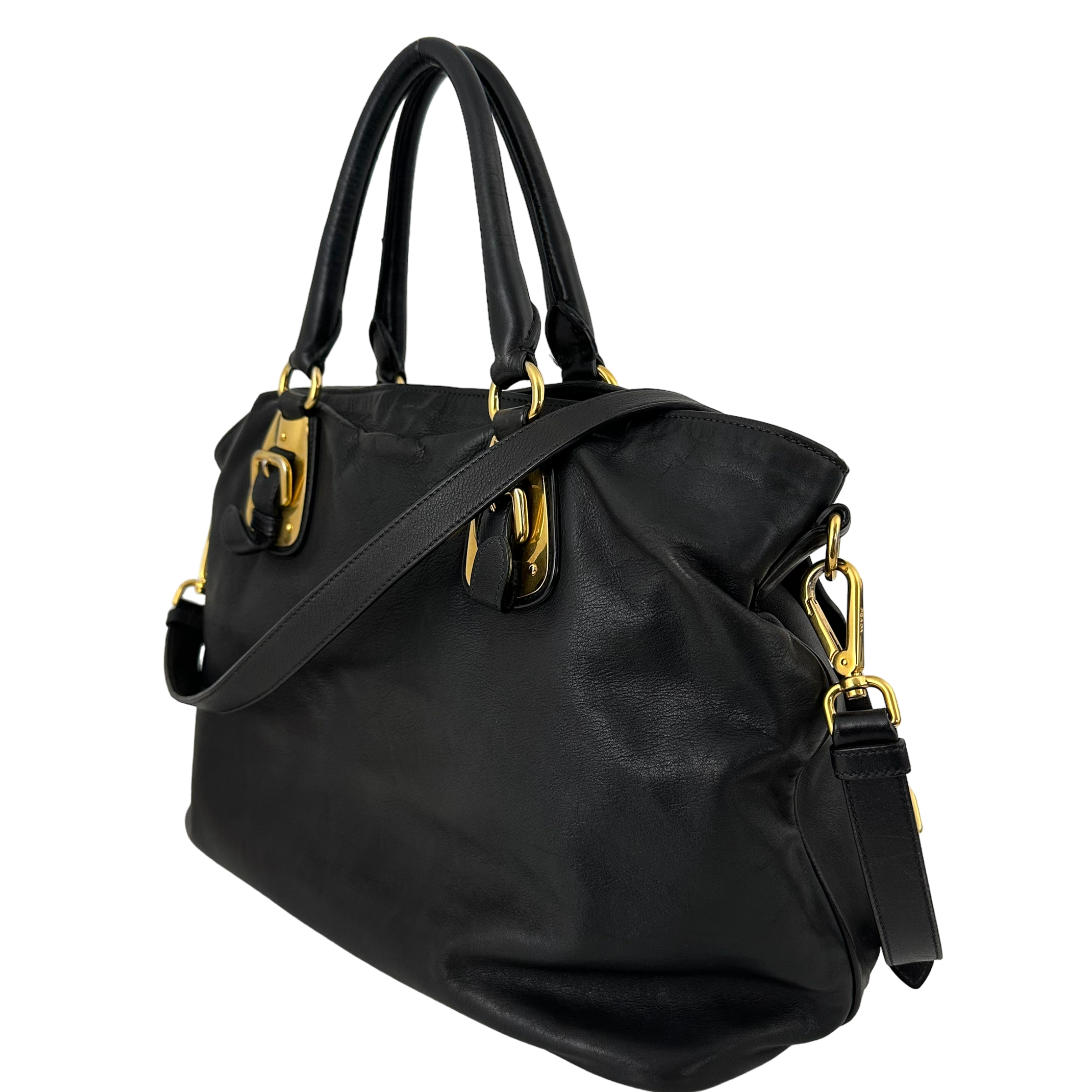 Large Bauletto Nero Calfskin Leather Bag