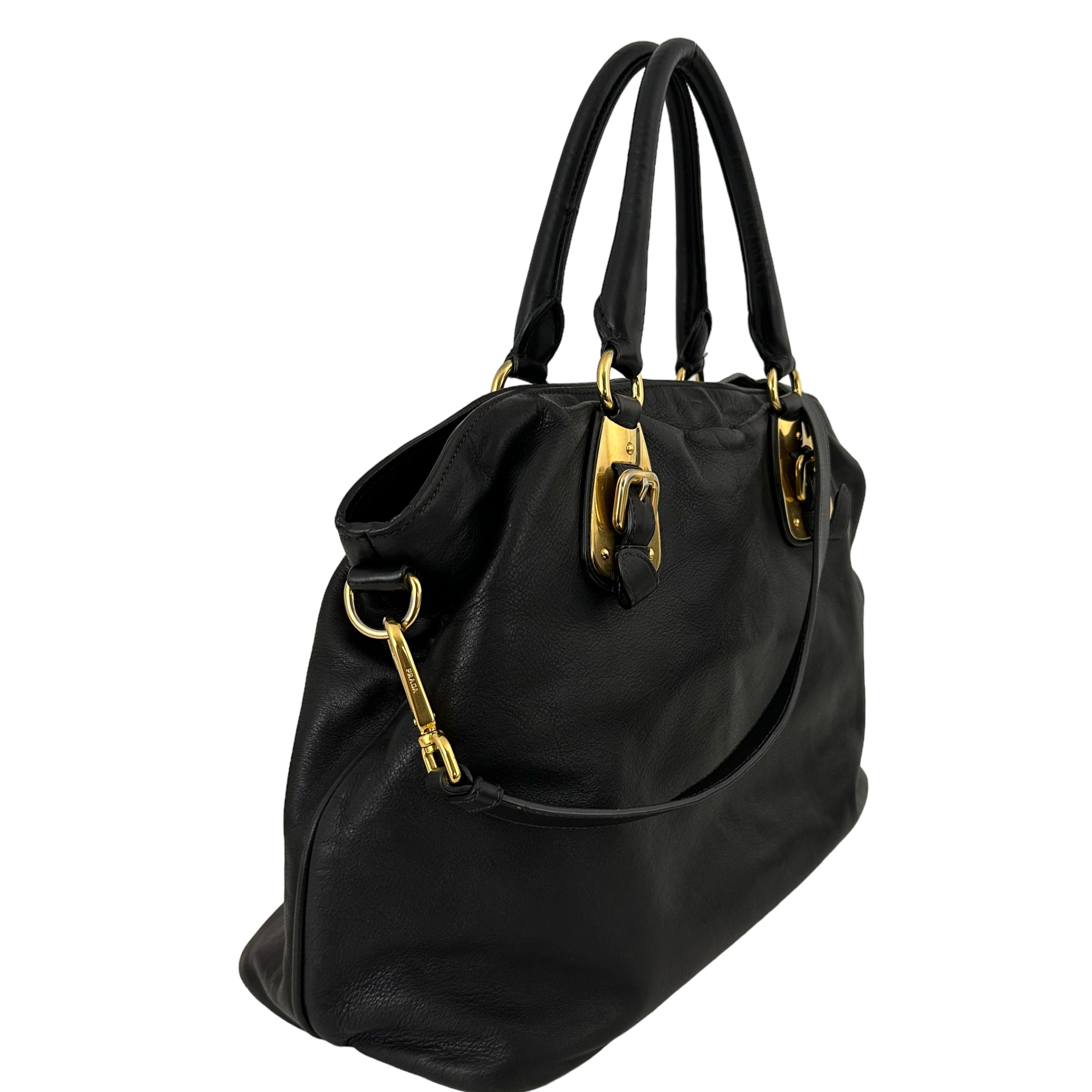 Large Bauletto Nero Calfskin Leather Bag