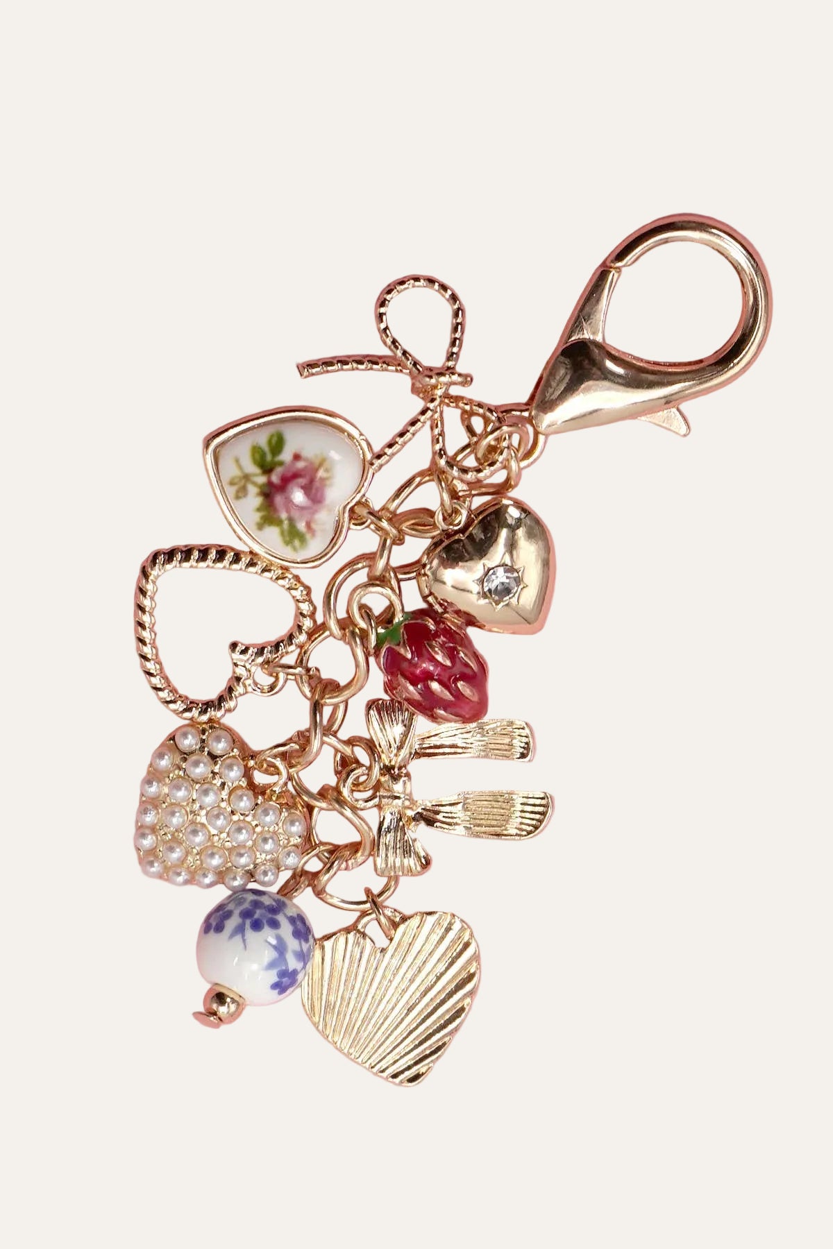 PORCELAIN BOWS HEARTS PEARL STRAWBERRY BAG CHARM