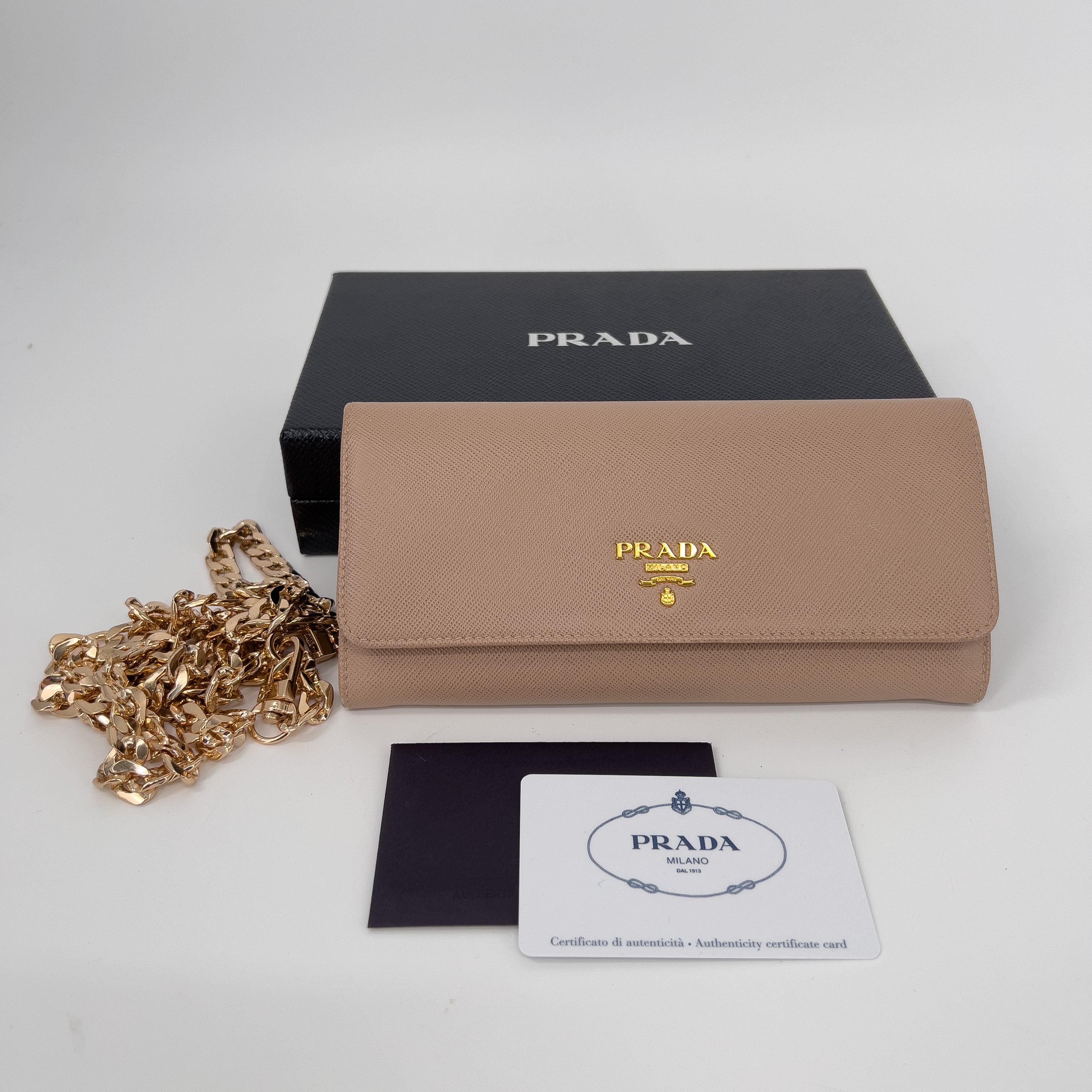 Beige Saffiano Wallet with Gold Chain