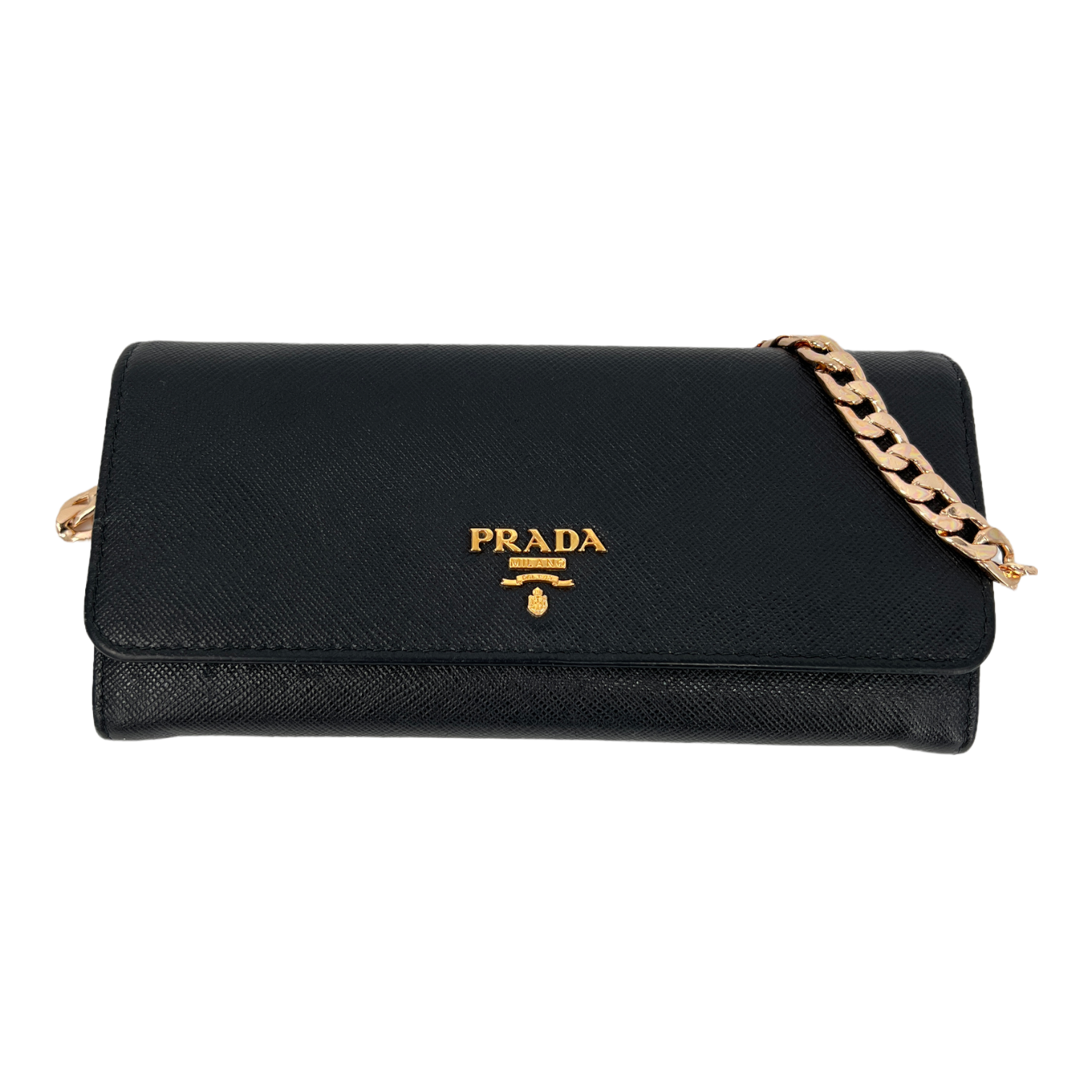 Black Saffiano Wallet with Gold Chain