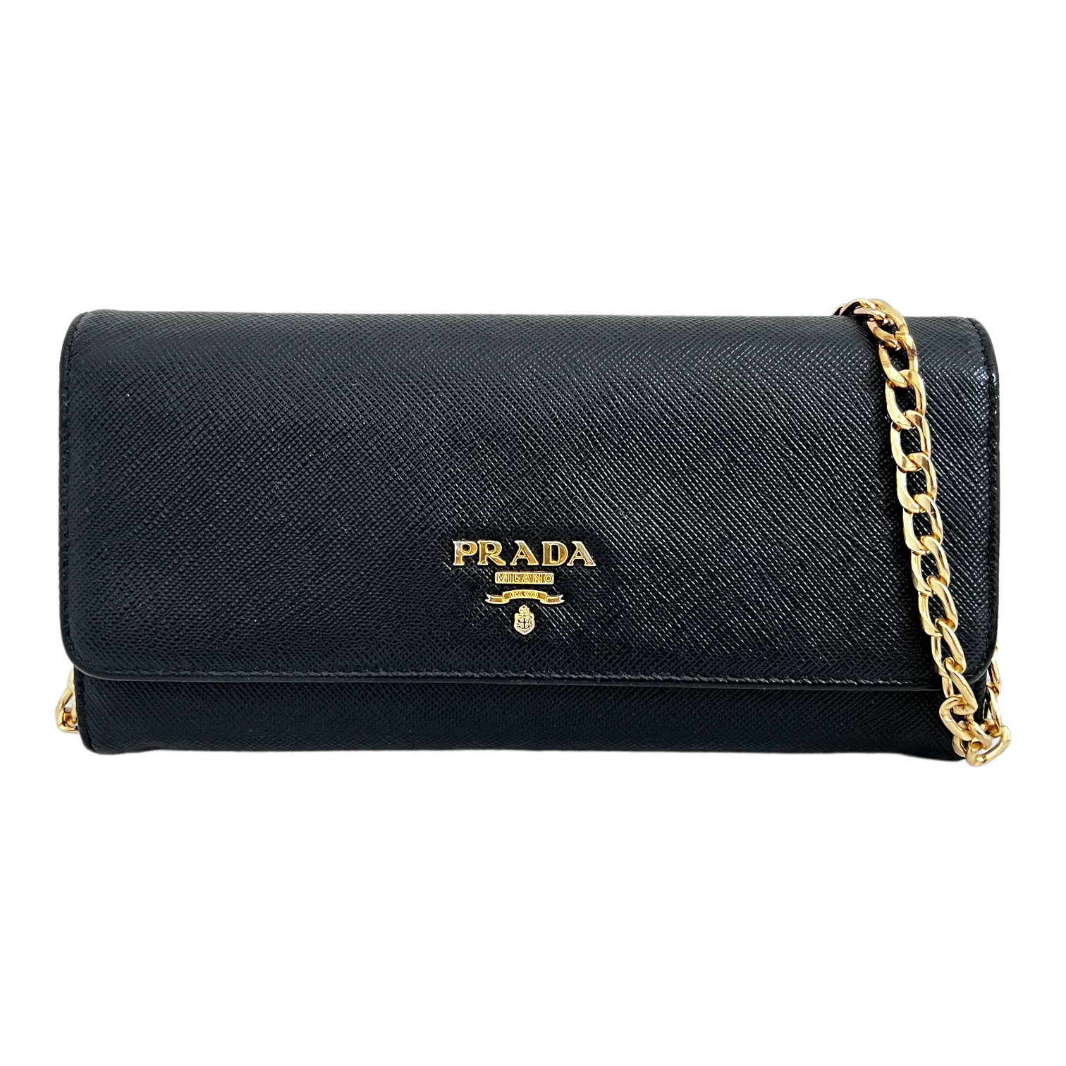 Black Saffiano Wallet with Gold Chain