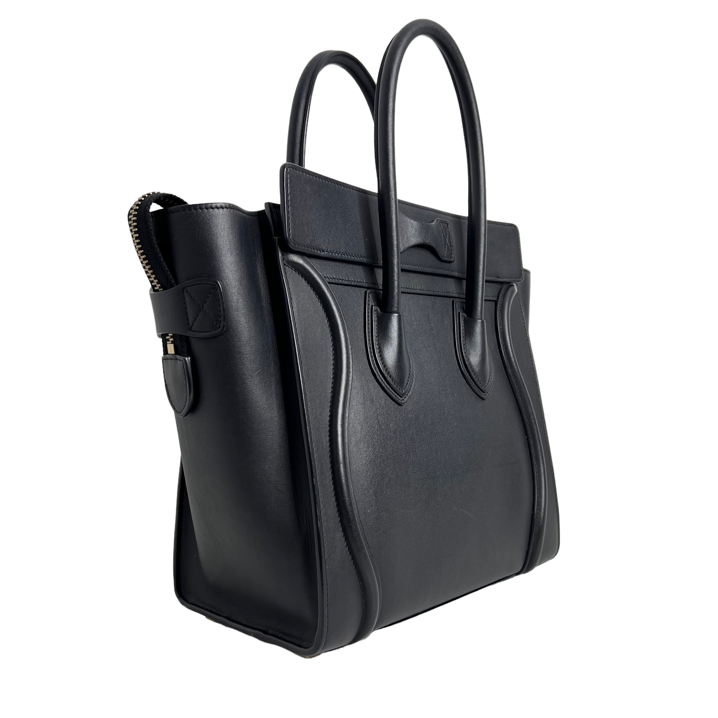 Black Micro Luggage Tote in Smooth Calfskin
