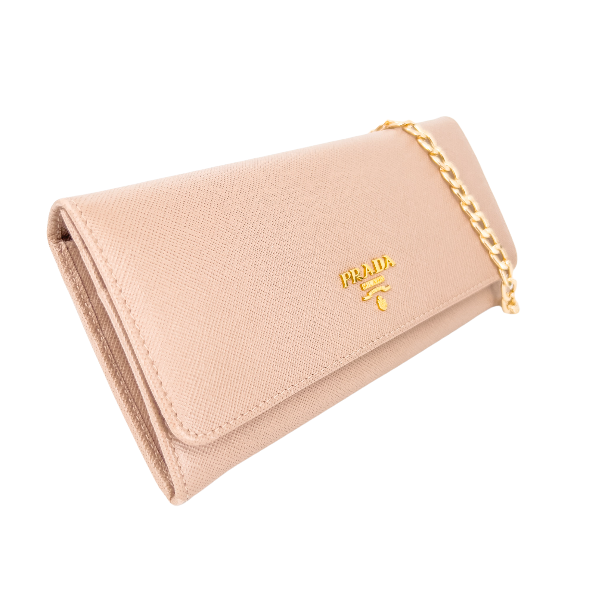 Powder Pink Saffiano Wallet with Gold Chain