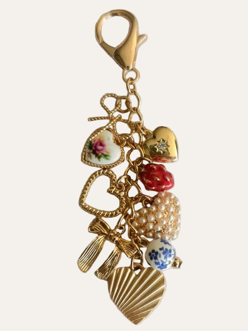 PORCELAIN BOWS HEARTS PEARL STRAWBERRY BAG CHARM