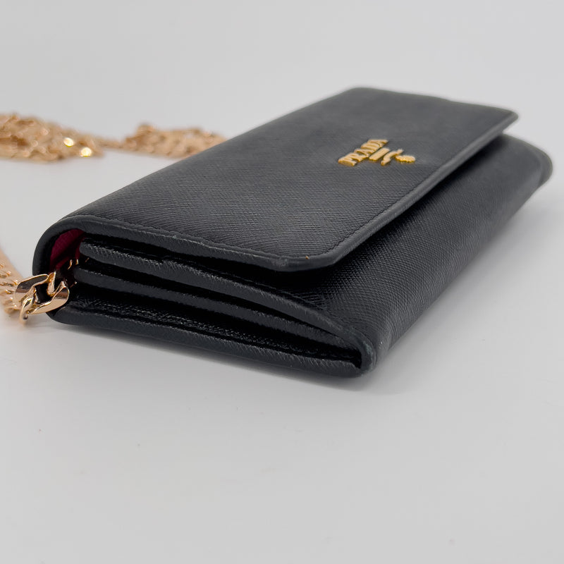 Black Saffiano Wallet with Gold Chain