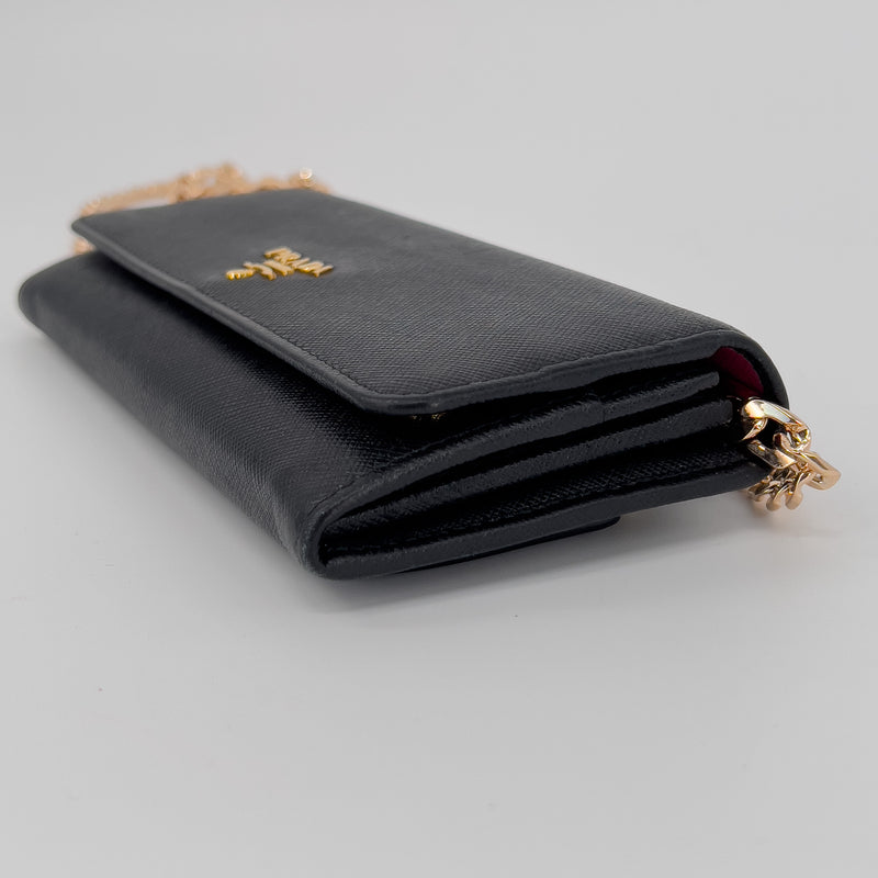 Black Saffiano Wallet with Gold Chain