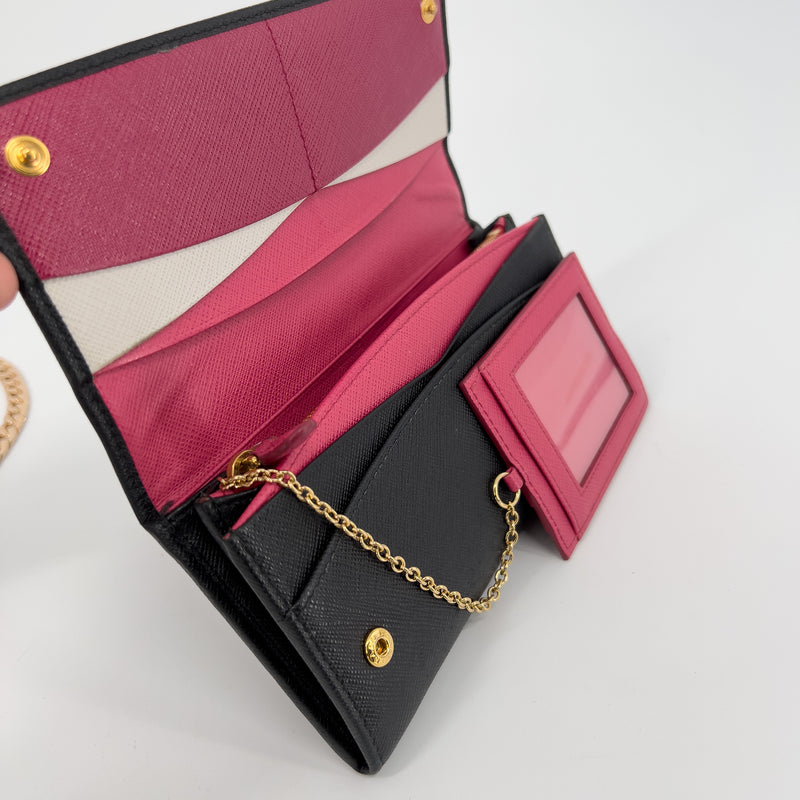 Black Saffiano Wallet with Gold Chain