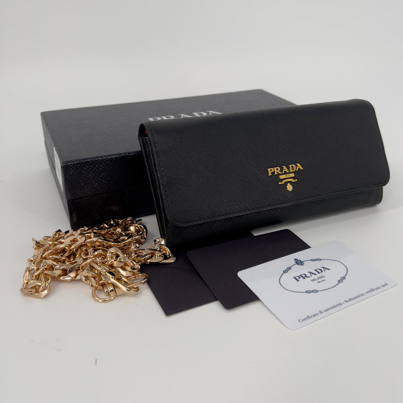 Black Saffiano Wallet with Gold Chain