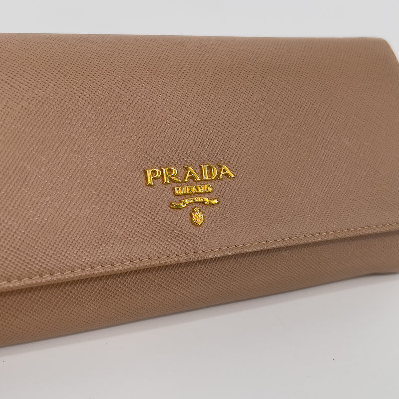 Beige Saffiano Wallet with Gold Chain
