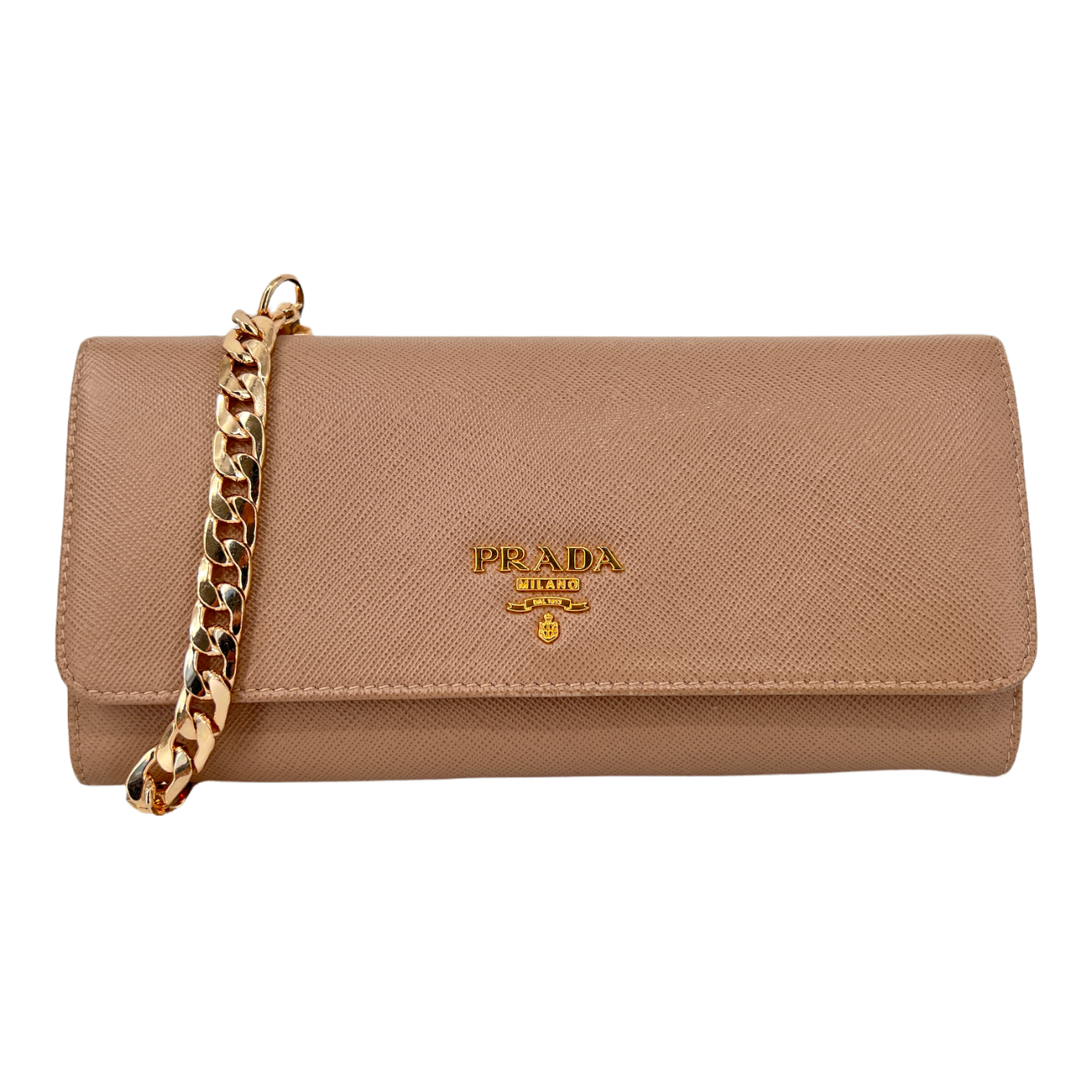 Beige Saffiano Wallet with Gold Chain