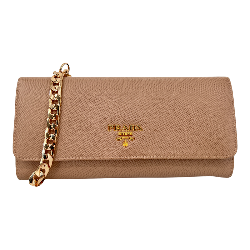 Beige Saffiano Wallet with Gold Chain