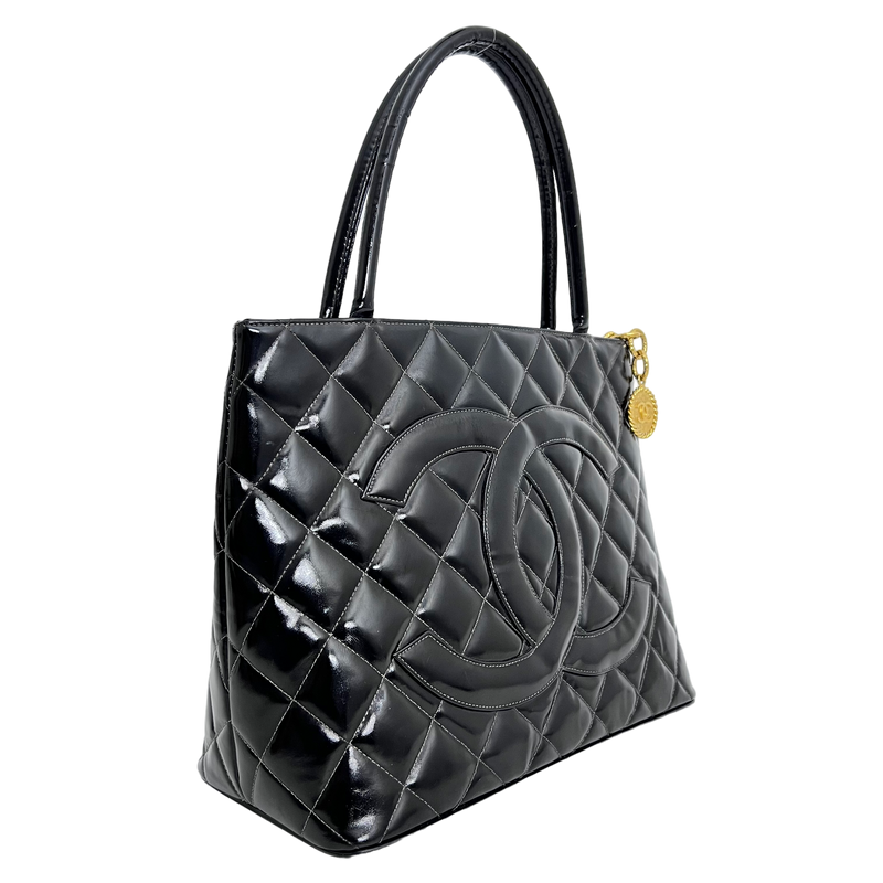 Black Patent Medallion Tote