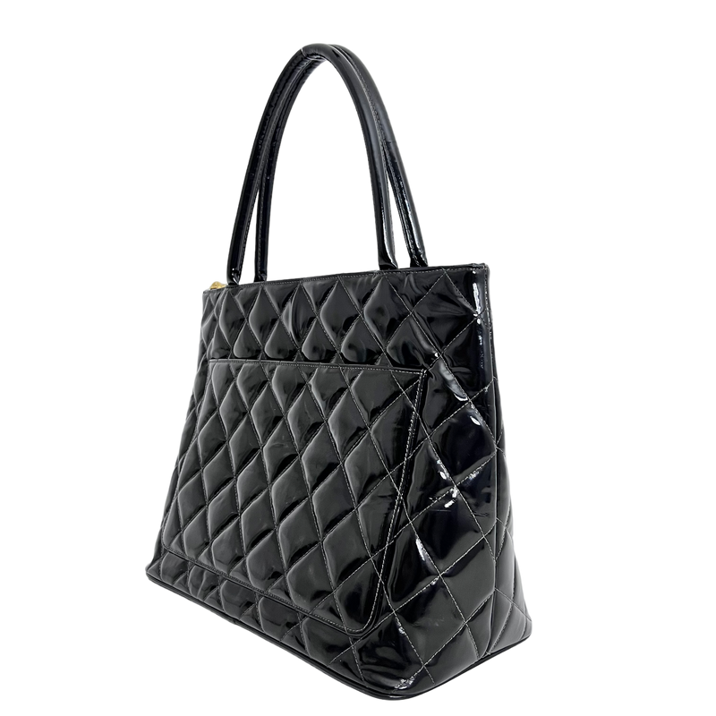 Black Patent Medallion Tote