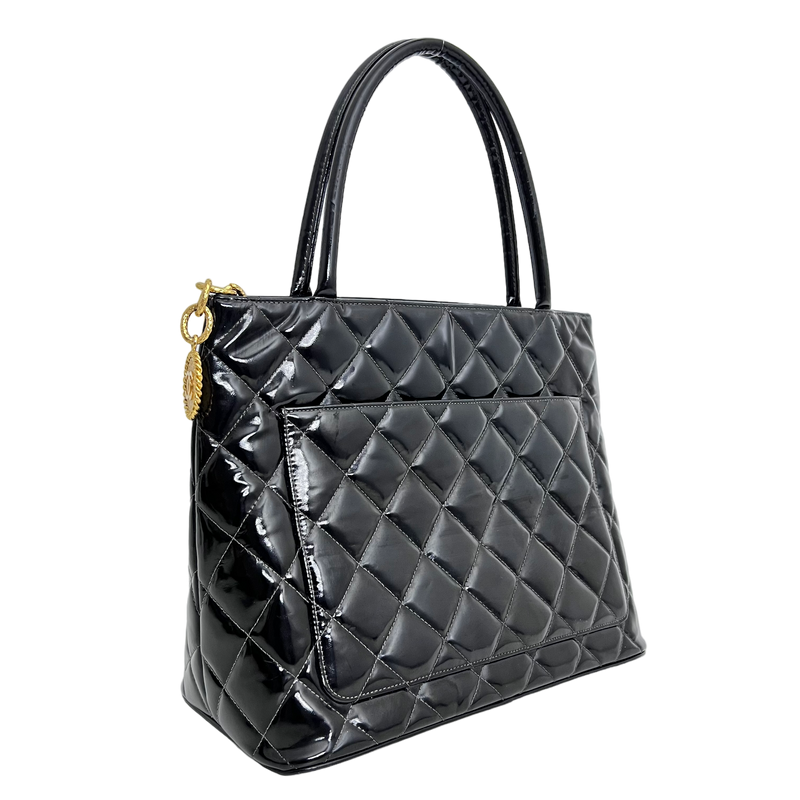 Black Patent Medallion Tote
