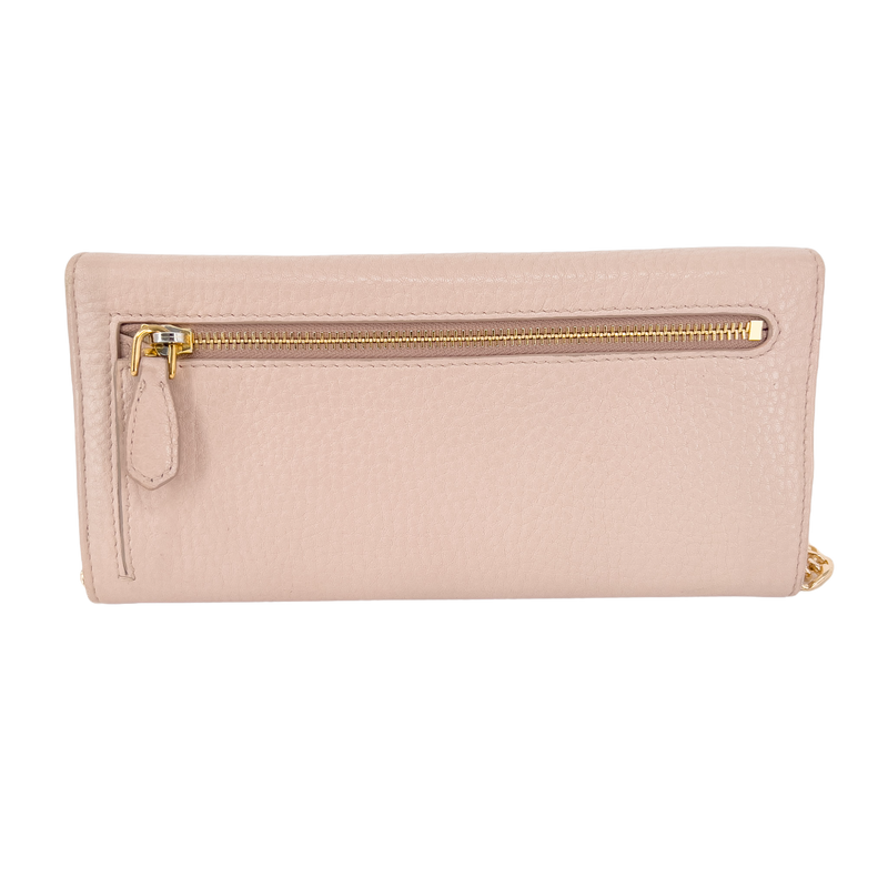 Soft Pink Daino Leather Wallet with Gold Chain