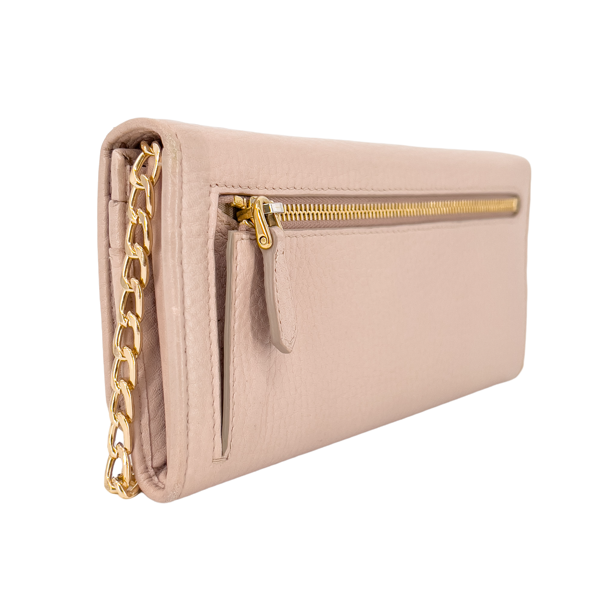 Soft Pink Daino Leather Wallet with Gold Chain