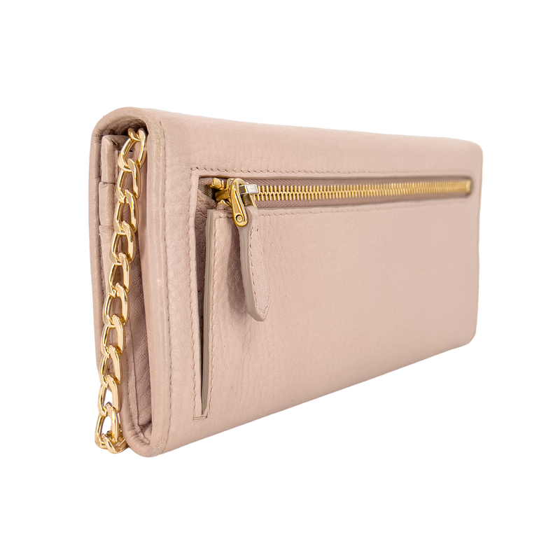 Soft Pink Daino Leather Wallet with Gold Chain