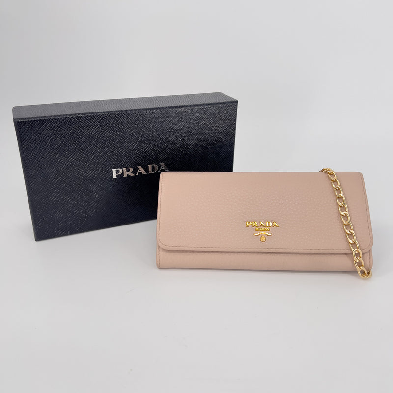 Soft Pink Daino Leather Wallet with Gold Chain